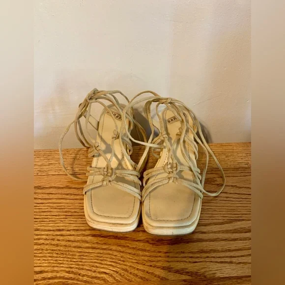 VTG y2k Bamboo Cut Out Heels Wrap Tie Sandal Wedge Wood Suede 7 2000 90s Chunk - Picture 3 of 12